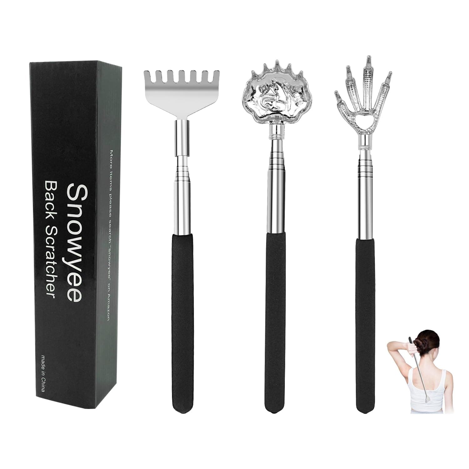 Snowyee Backscratchers, Back Scratcher for Women Men 3PCS Includes Bear Claw Hand and Eagle Claw kit Telescoping with Adjustable (Black)