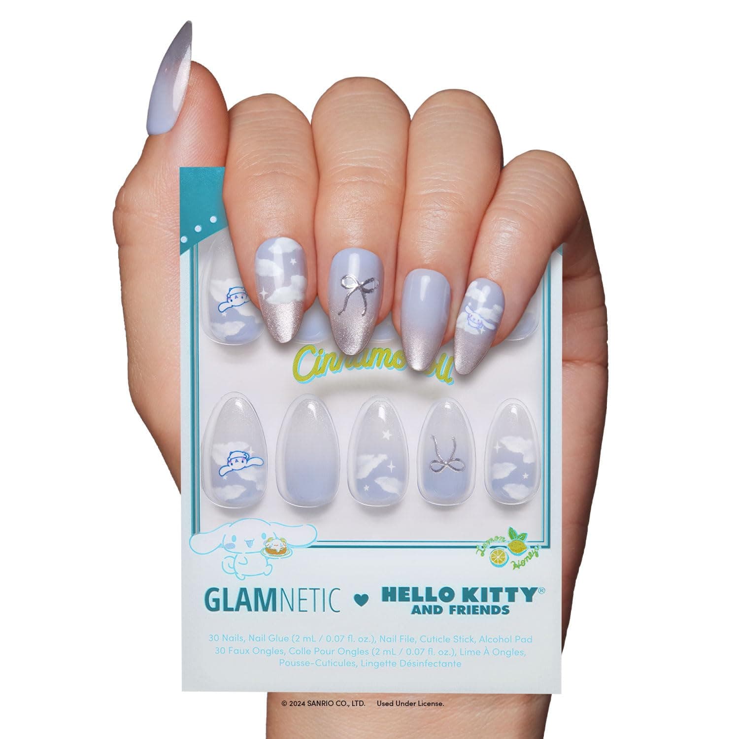 x Hello Kitty® and Friends Press On Nails - Cinnamoroll™ Cloud | Pale Blue 3D Cloud Graphic Fake Nails in a Velvet Finish | 15 Sizes - 30 Nail Kit with Glue