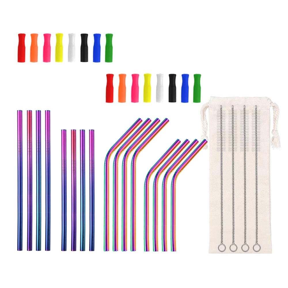 Lazycorner 16 Short Metal Straw, 6mm 5.5" 6.5" Kids Reusable Straw Silicone Tips Cleaner, Mini Small Stainless Steel Straws Fit 8 10 12 oz Tumbler/Wine Tumblers, Reusable Cocktail Straws(Rainbow)