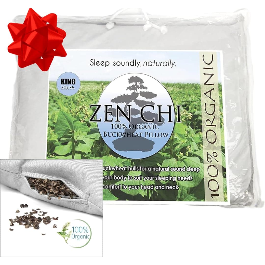 ZEN CHI Buckwheat Pillow - Organic King Size (20"X36") w Natural Cooling Technology- All Cotton Cover - Keep Cool Comfortable Sleep, Pillow Adjusts to The Contours of Head & Neck - Unique Xmas Gift