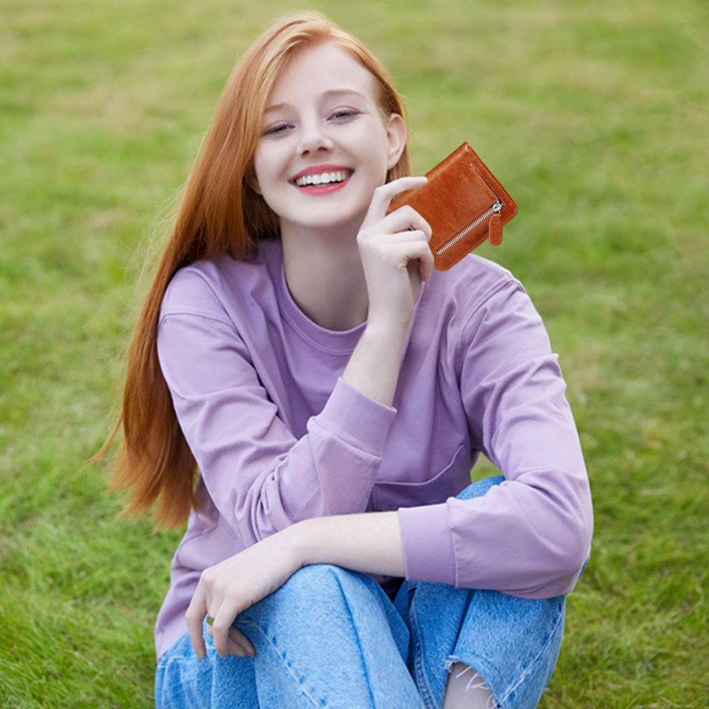 FUNTOR Leather Wallet for Women, Ladies Small Compact Bifold Pocket RFID Blocking Wallet for Women, Waxed Brown