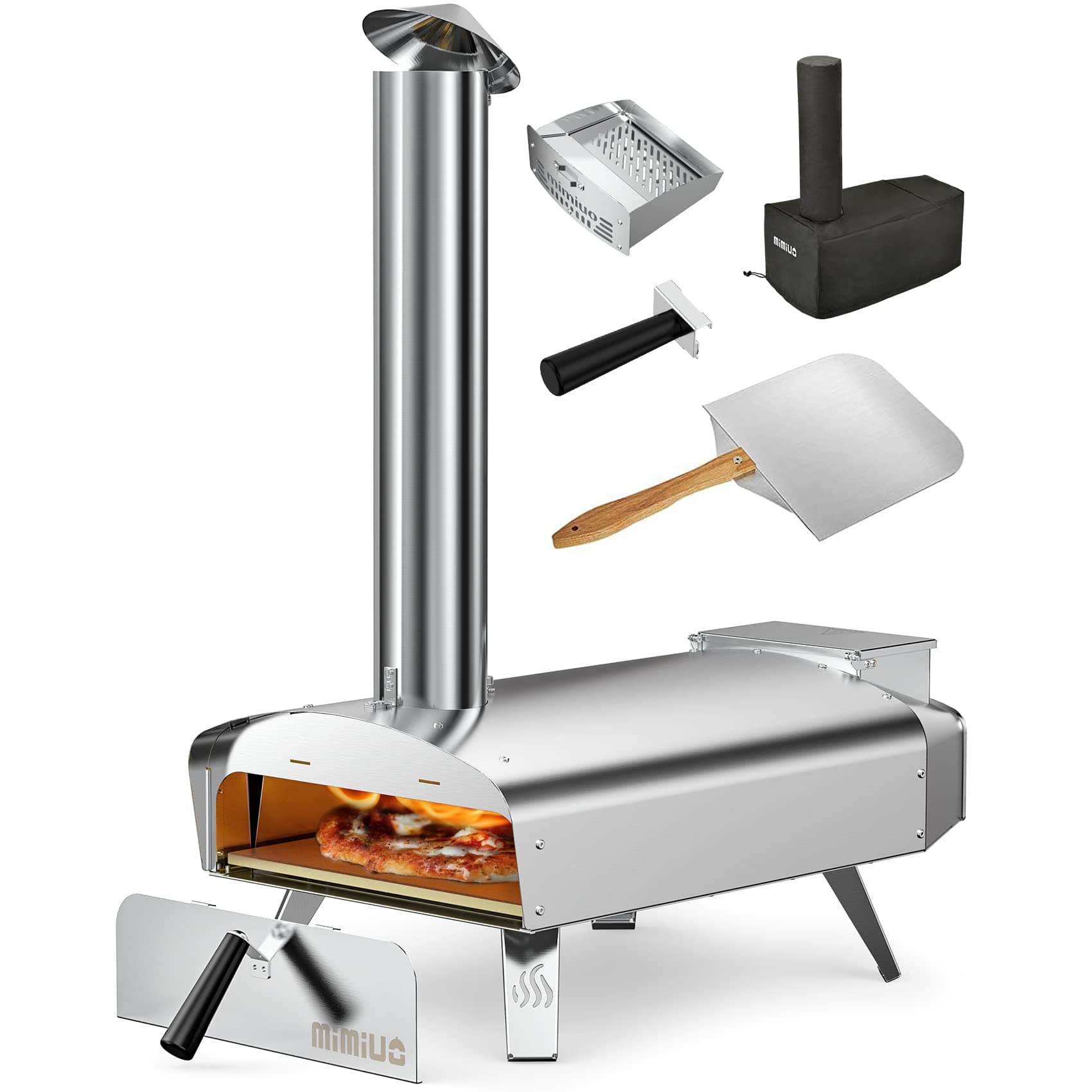 Mimiuo Outdoor Wood & Pellet-Fired Pizza Oven for Garden, Portable Stainless Steel Classic W-Oven Series with Pizza Stone & Foldable Pizza Peel