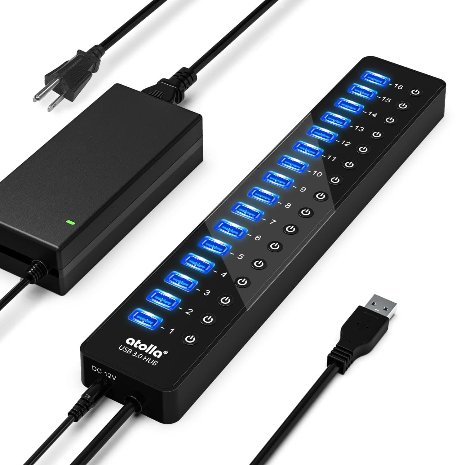 Power USB Hub 3.0, atolla 16 Port USB Splitter with 12V/6A Power Adapter and Individual Switches, High-Speed Data Transfer for Laptop, PC, Mac, and More Devices
