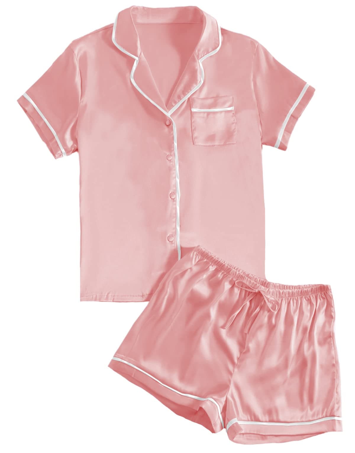 LYANERWomen's Satin Silky Short Sleeve Button Shirt Sleepwear 2Piece Pajama Set