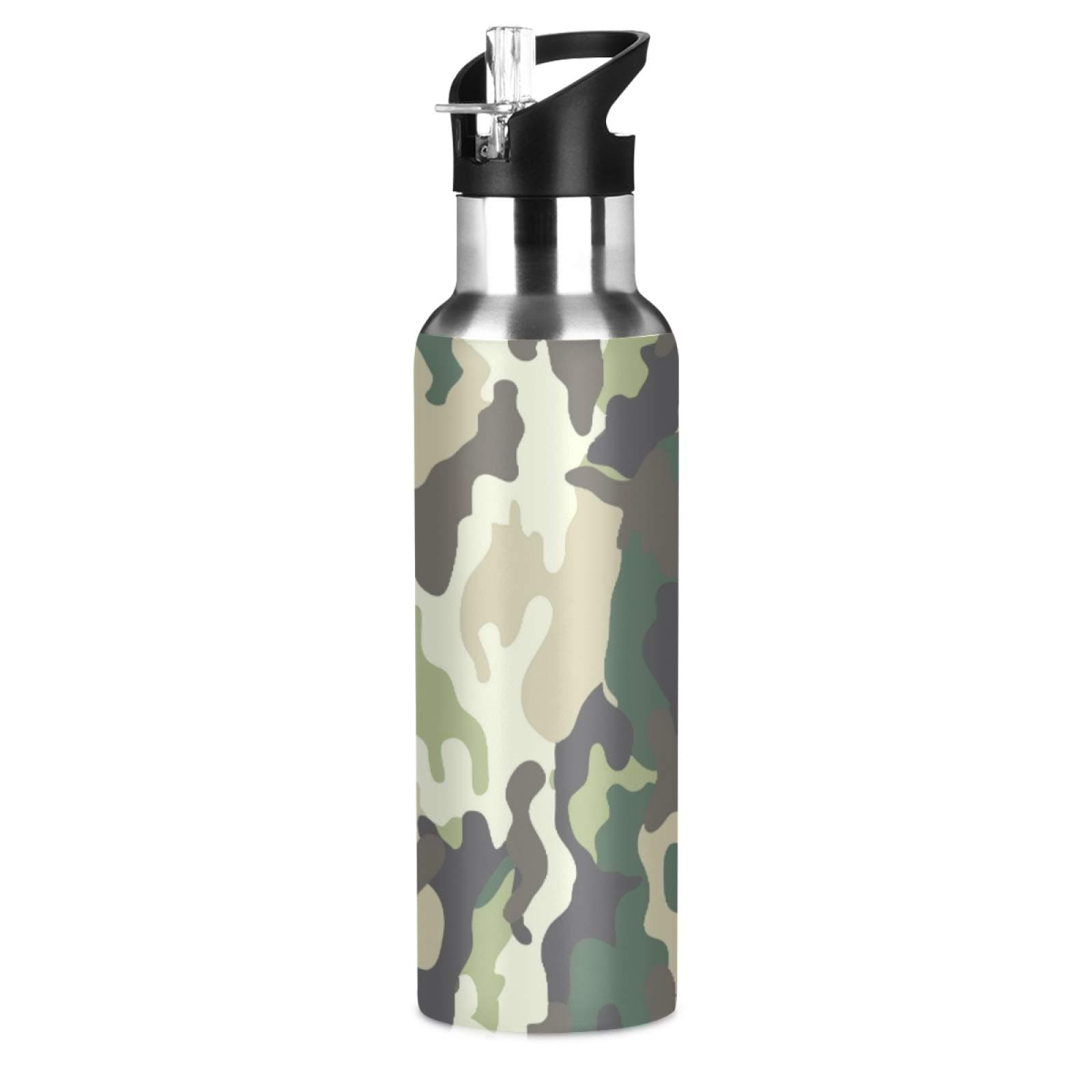 Camo Camouflage Forest Military Sport Water Bottle with Straw, Vacuum Insulated Stainless Steel Thermal Flask Leakproof BPA Free Drinking Bottle for Gym Fitness Camping-20oz/600ml