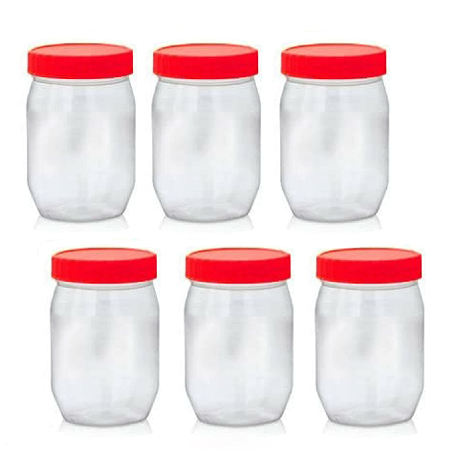 AFSUKPack of 6 Round 300ml Plastic Storage Jar With Screw Top Lids Red Airtight Food Storage Containers BPA Free For Kitchen, Herb, Spices, Sweets Clear Canister pots