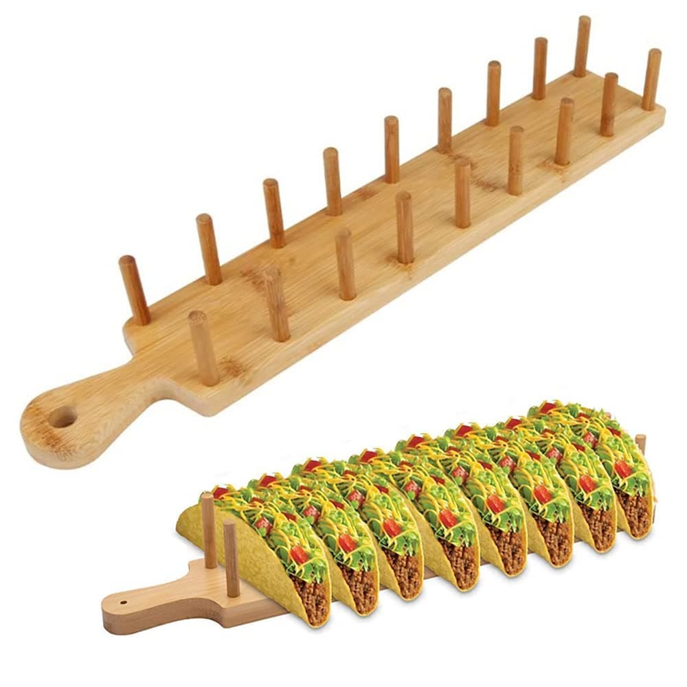 Oter Bamboo Taco Holder Stand Plate Tray - Rack Holds 8 Soft Or Hard Shell Tacos Great Also For Burritos And Tortillas Holders Stands Plates Gift Bar Wood