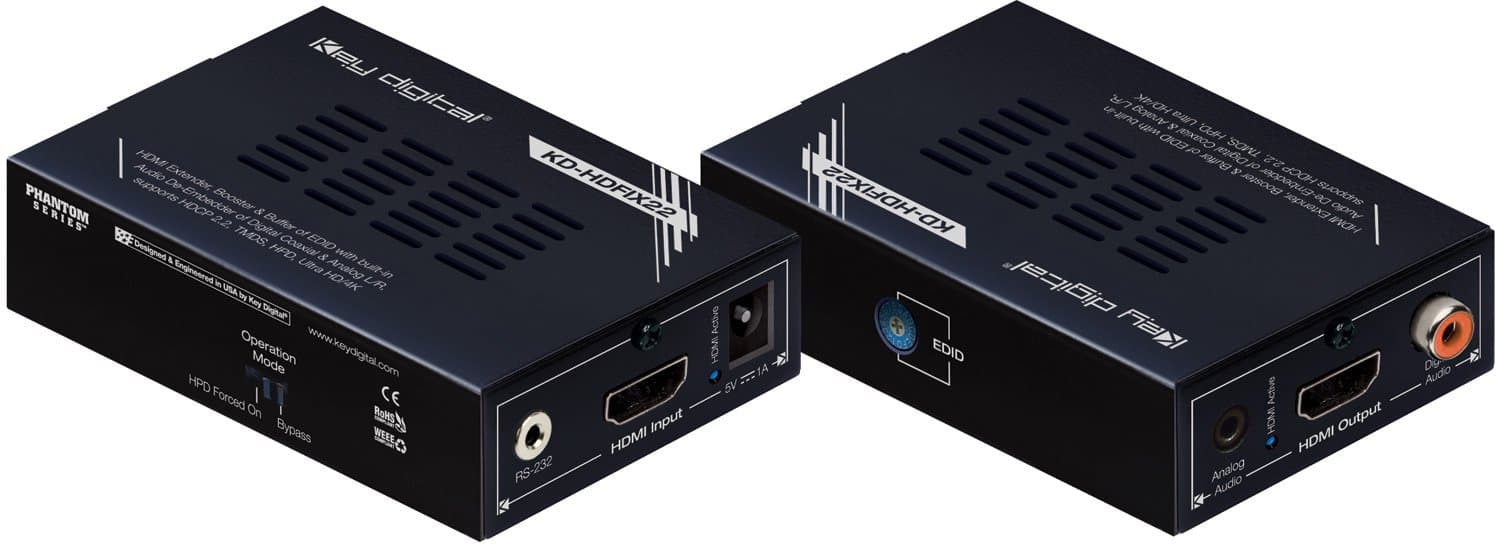 Key Digital KD-HDFIX22 4K HDMI Extender, Booster, Buffer of EDID with Built-in Audio De-Embedder of Digital Coaxial & Analog L/R