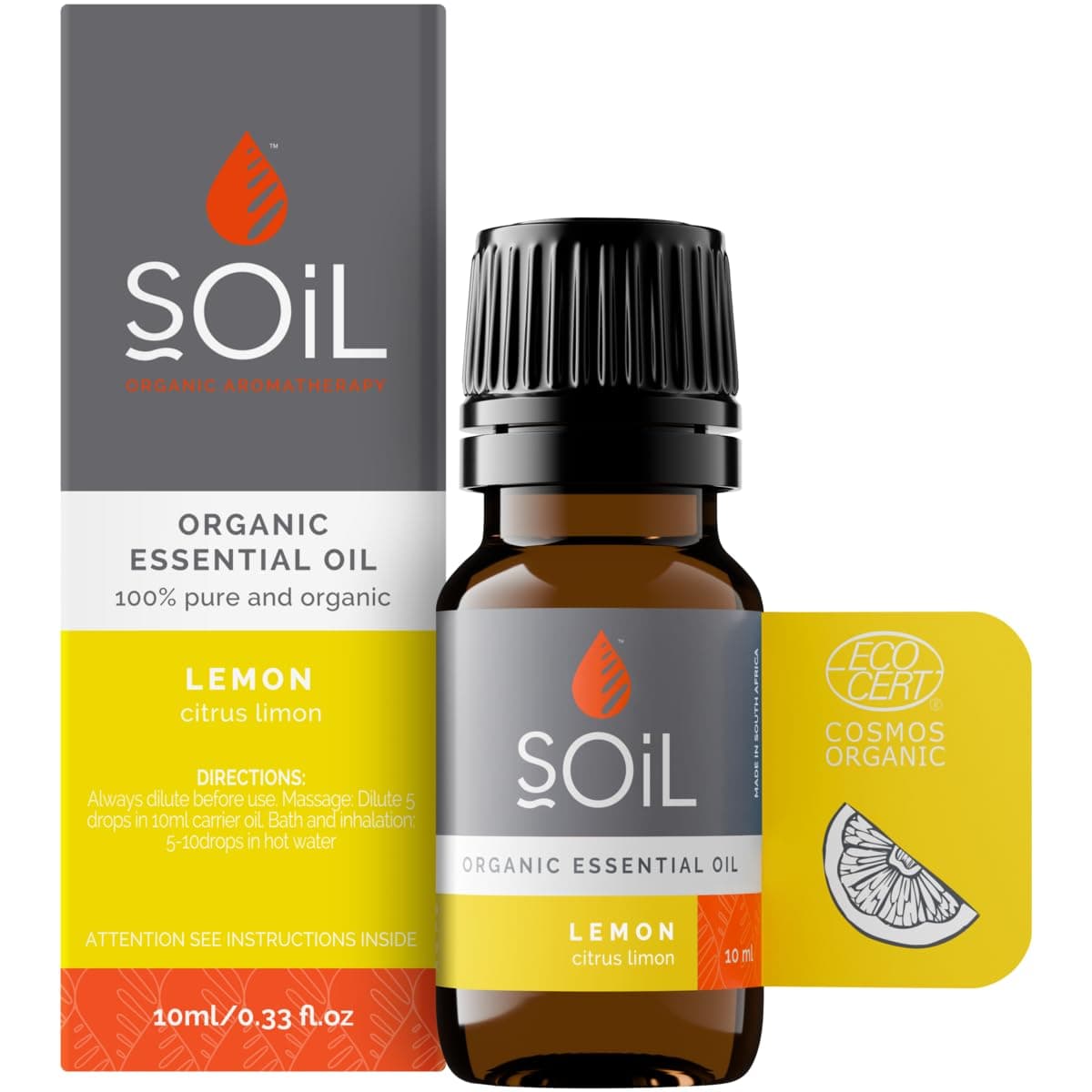 SOiL Organic Lemon Essential Oil (Citrus Limonium) - 100% Pure and Natural - Certified Organic - Single Ingredient - Vegan - Non GMO - 10ml