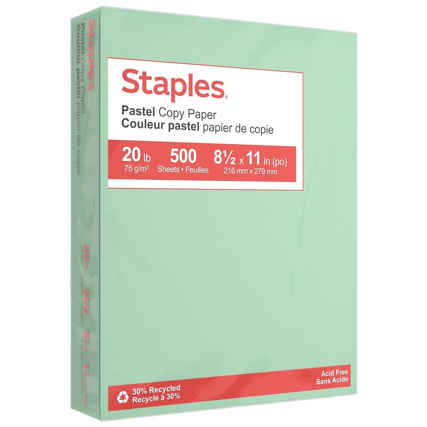 Staples 30% Recycled Color Copy Paper, 20 lbs., 8.5" x 11", Green, 500/Ream, For Office, School & Home