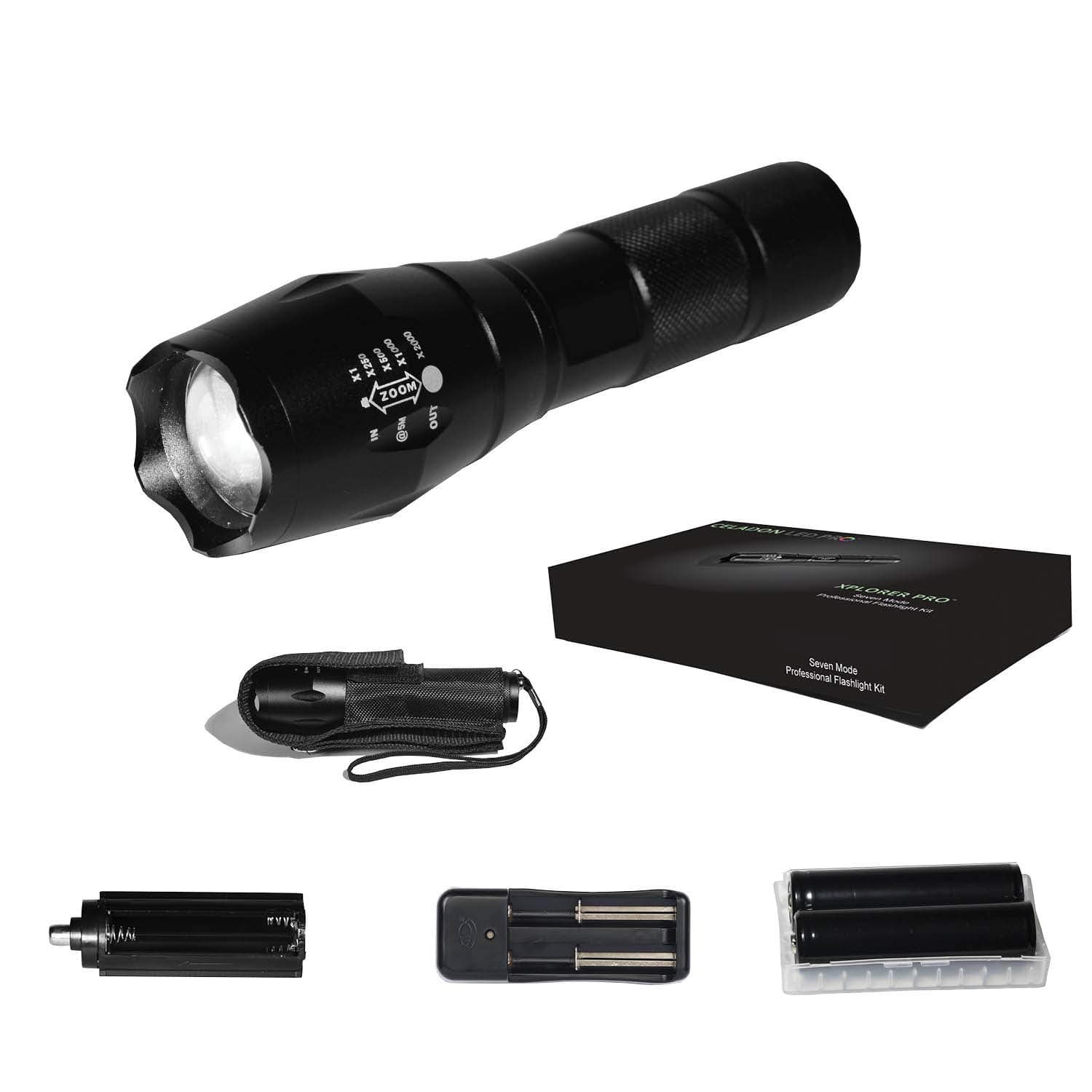 Xplorer Pro Tactical Zoomable Rechargeable LED Flashlight Kit with Case - Ideal for Indoor/Outdoor, Emergency, Camping, Auto - Great Gift