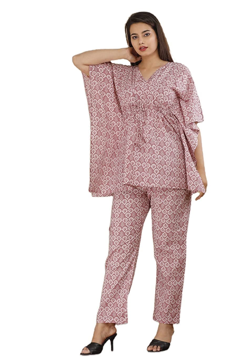 SARSWAL TRADERS Women's Cotton Floral Printed Casual & Night Wear Kaftan with Pant (Large, Pink)