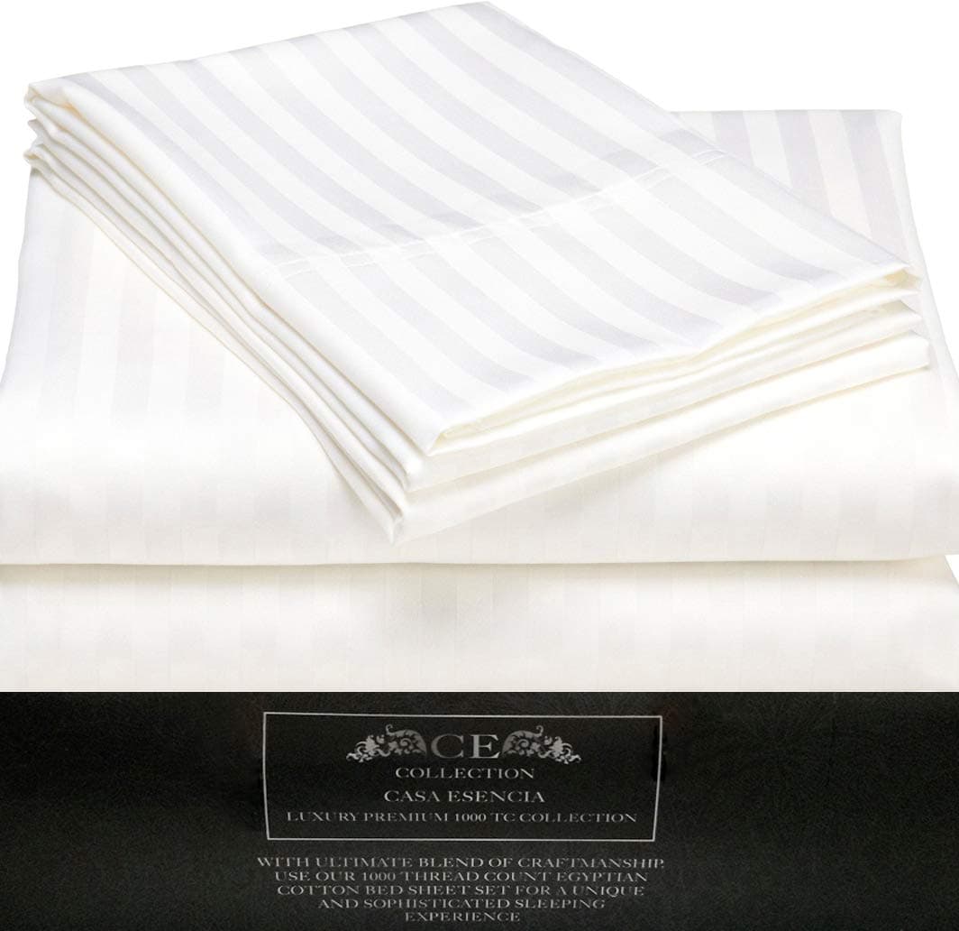 100% Egyptian Cotton Sheets 1000 Thread Count 4 Piece Extra Deep Pocket Bed Sheet Set Sateen Stripe (White, King)
