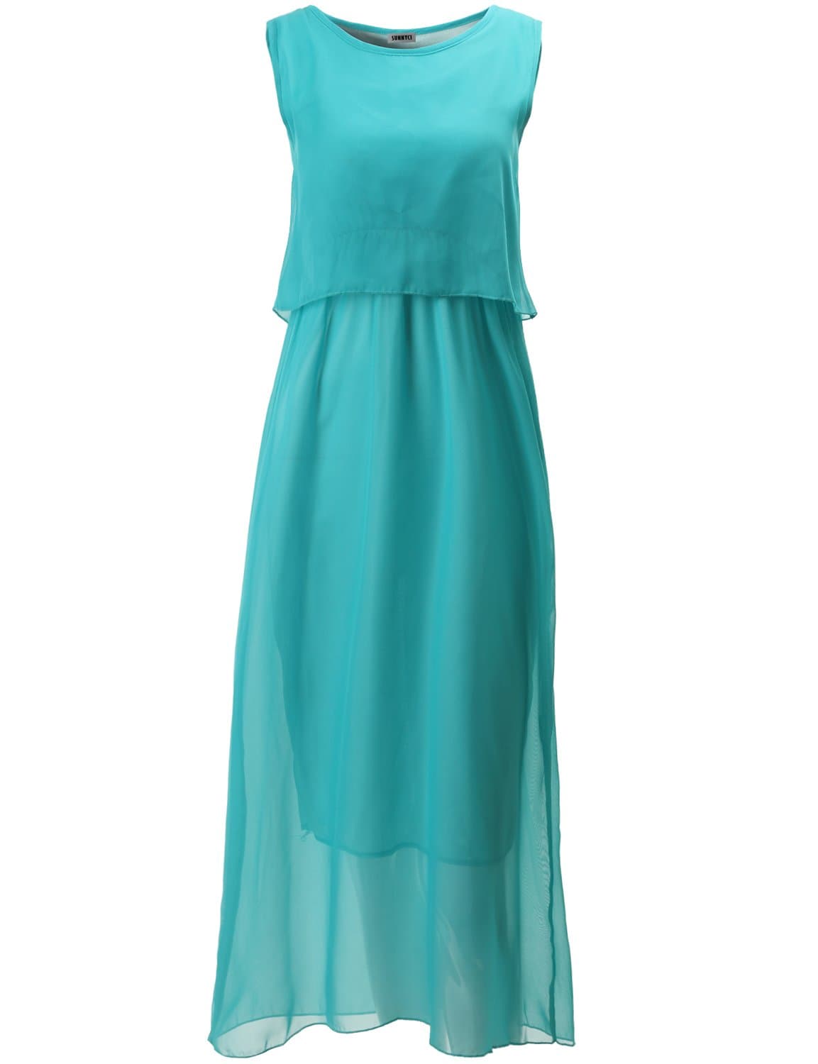 SUNNYCI Womens Casual Back Flare Slit Chiffon Sleeveless Maxi Dress CWDMD018-GREEN Size M