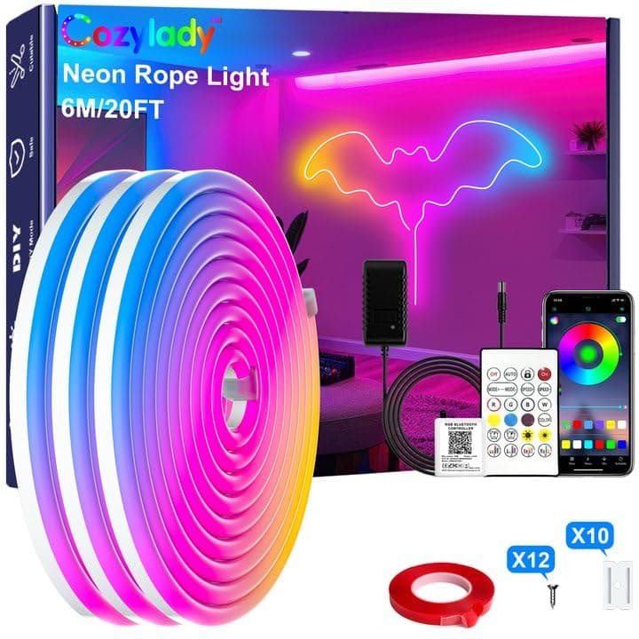 Cozylady 20Ft RGB LED Neon Rope Lights for Bedroom, 6m LED Strip Lamp with Double Sided Adhesive Tape, App/Remote Control Waterproof DIY Lights Decorate The Outdoor and Indoor of Your Home.