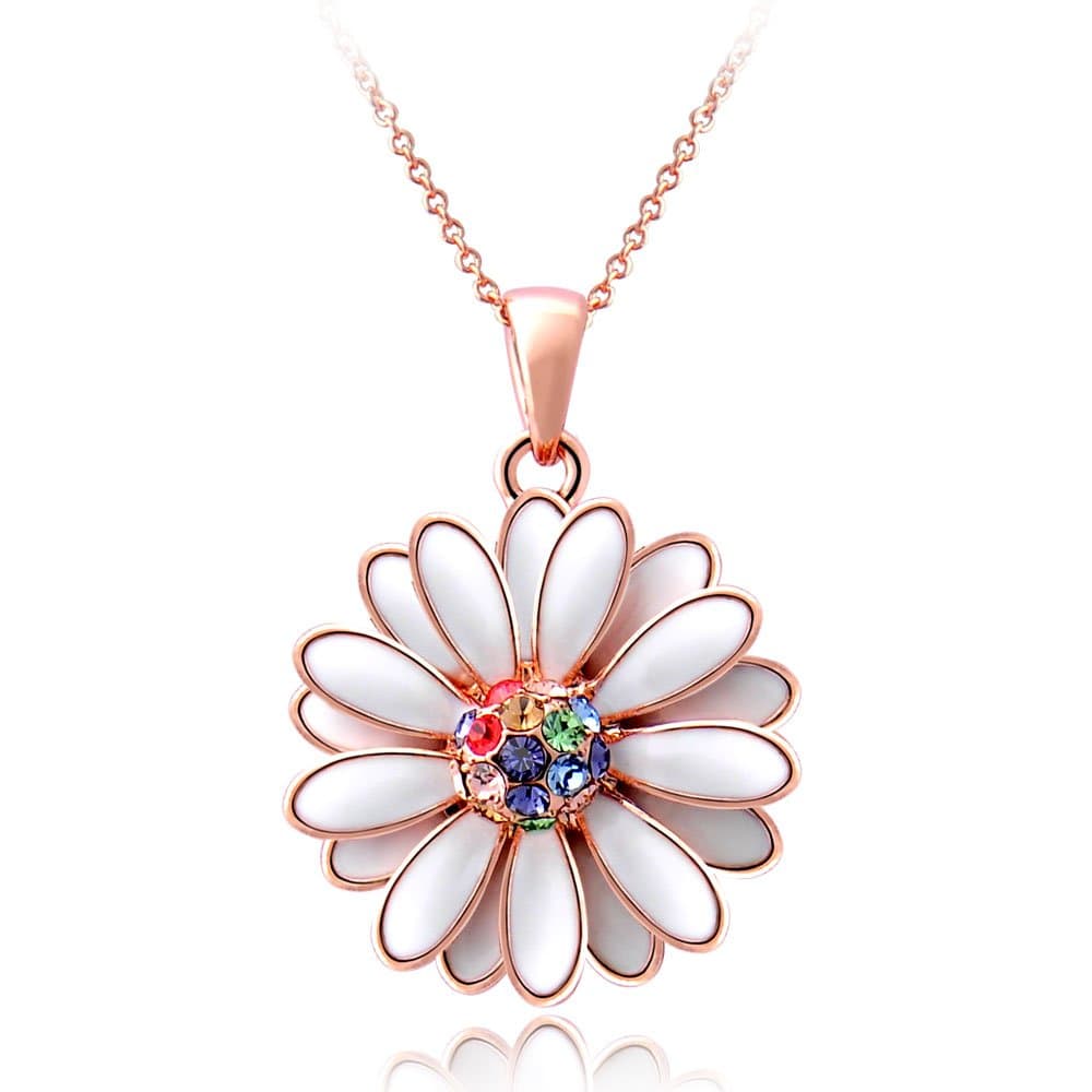 Libaraba Rose Plated Colorful Rhinestone and White Drop Glaze Daisy Necklace