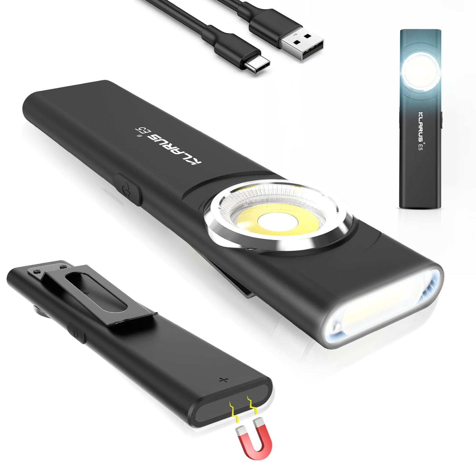klarus E5 Flat EDC Torch,USB C Rechargeable COB Work Light, 470 Lumens Mini Flashlight with Magnetic Base and Buckle Clip Suitable for Maintenance, Camping, Hiking, Emergency, etc (E5)