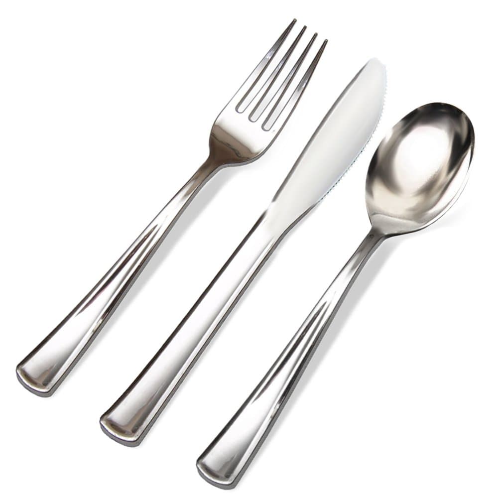 300 Silver Plastic Cutlery Premium Quality Disposable Silverware Polished, 100 Forks, 100 Knives & 100 Spoons, Heavy Duty Flatware Utensils for Parties, Weddings, and Catering