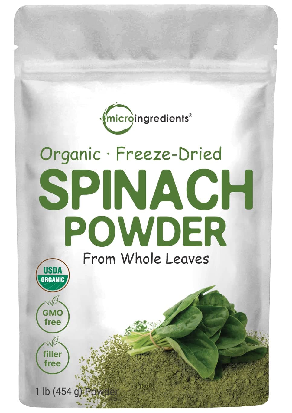 Sustainably US Grown, Organic Spinach Powder, 1 Pound, Freeze Dried from Whole Leaf, Rich in Beneficial Thylakoids and Chlorophyll, Contains Multivitamins, Non-GMO, Vegan Friendly