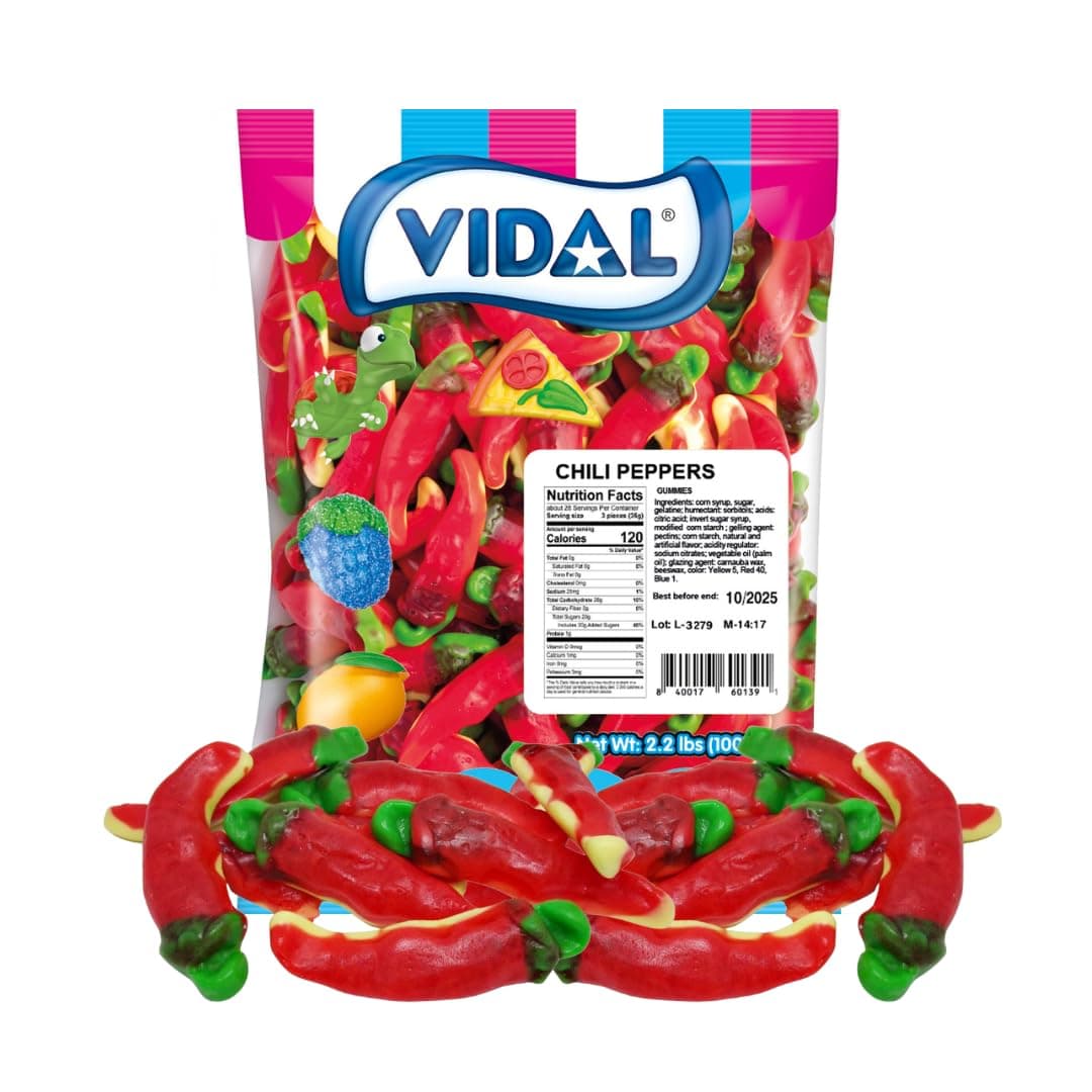 Vidal Chili Pepper Gummies Gift, Cherry Flavored Filled Gummy Candy - 2.2lb Bag By Lyza's Sweets & Treats