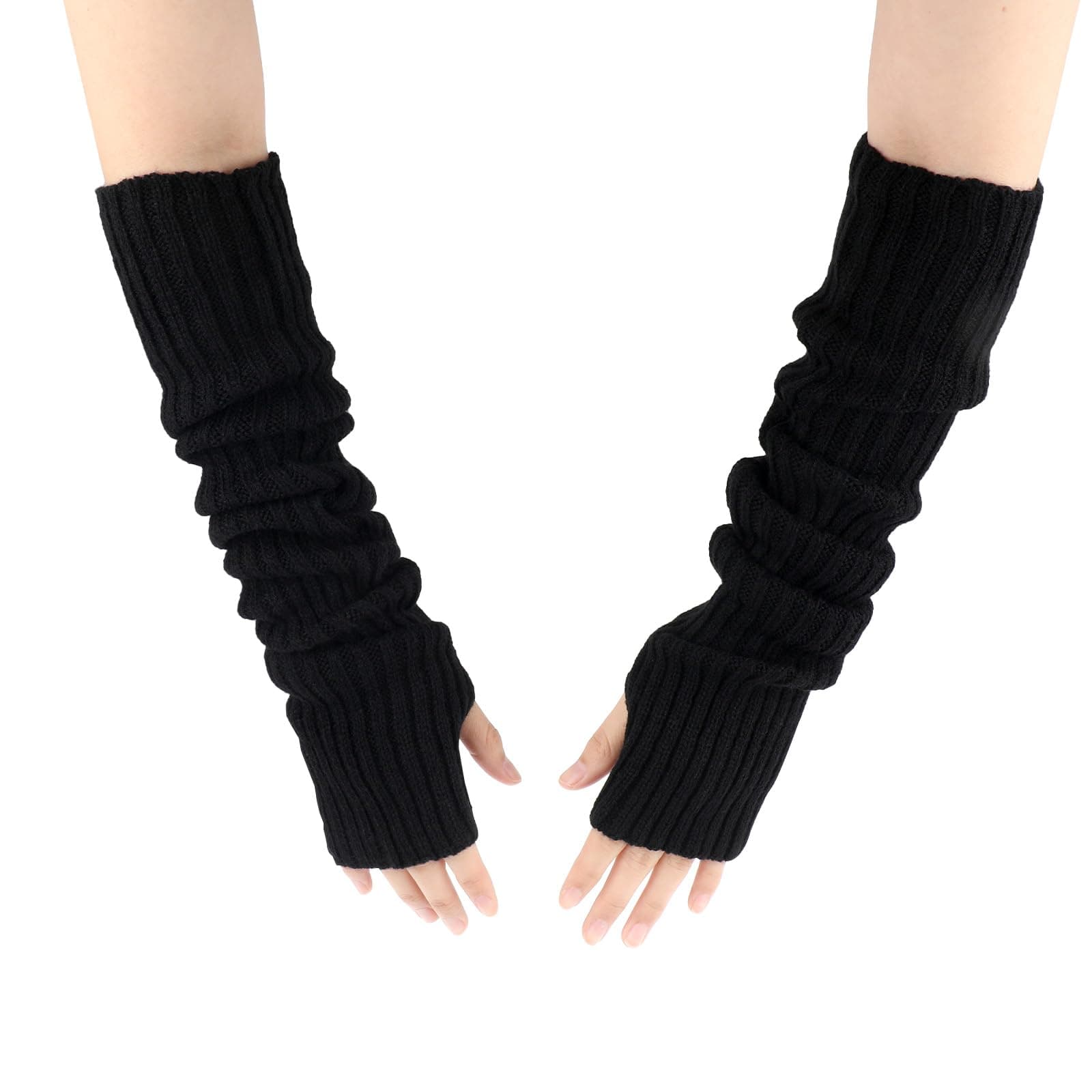 Black Arm Warmers for Women Girls, Knit Fingerless Gloves Winter Fingerless Mitten Gloves, Warm Arm Sleeve, Thumb Hole Stretchy Gloves