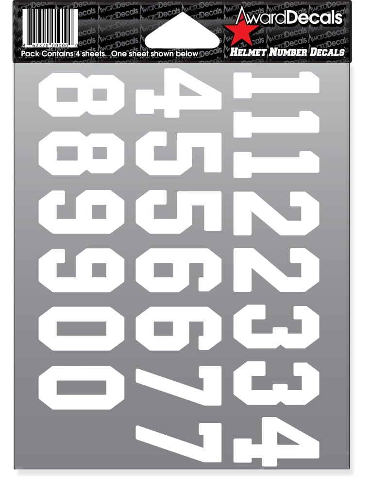 Number Stickers for Helmets (Football, Baseball, Softball, Hockey, Lacrosse, Etc.) (White)