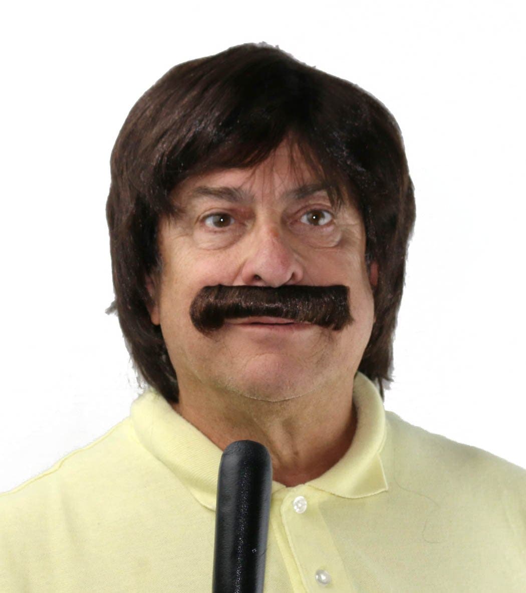 70s Mens Brown Costume Wig and Stick On Mustache Set Famous Singer Cop Detective 60's Hippie Costume Wig