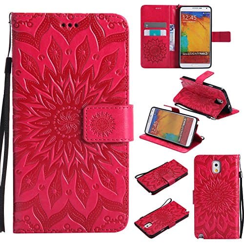 A-slim Galaxy Note 3 Wallet Case, (TM) Sun Pattern Embossed PU Leather Magnetic Flip Cover Card Holders & Hand Strap Wallet Purse Case for Samsung Galaxy Note 3 - Red