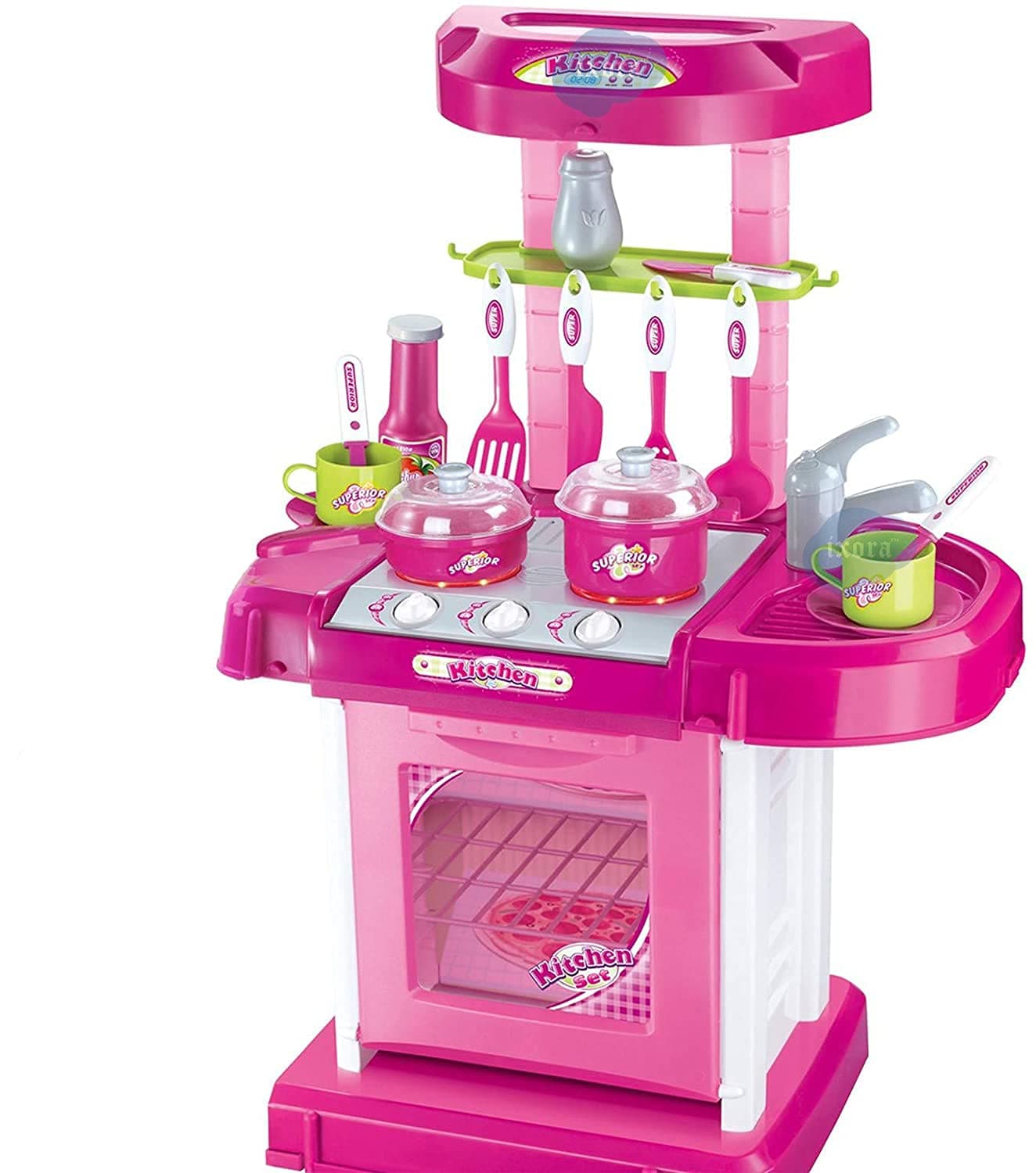 Ixora Kids Toys Pink Kitchen Playset, 2 in 1 Convertible Mini Kitchen Set Toys, Pretend Playset with Sound Light & Kitchen Accessories for Boys, Girls, Toddlers