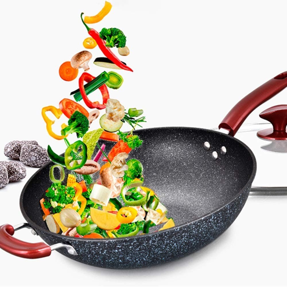 JY&WINZhengowen Frying pan Non-stick Aluminum Healthy Maifan Stone Wok Induction cooker Universal pan with lid Frying pan without lid (Color: Black, Size: 34cm) 7210