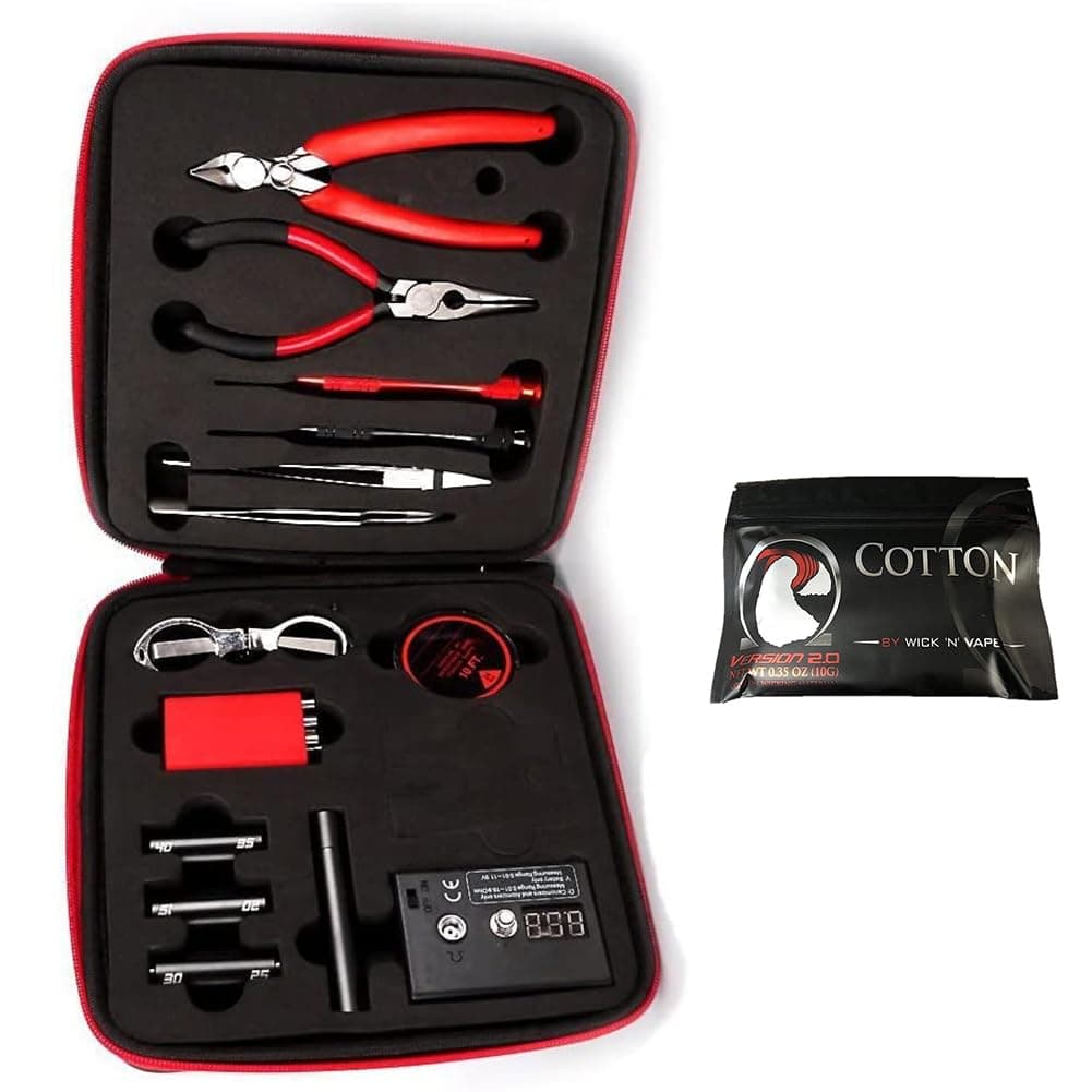 Jig Spool DIY Tools Kit, Building Coil Kit Complete Package, Ohm Meter, Teething Pliers, Scissors, Screwdriver, Ceramic/Elbow Tweezers, A1 Heating Wire, Free Cotton, Enhanced Edition