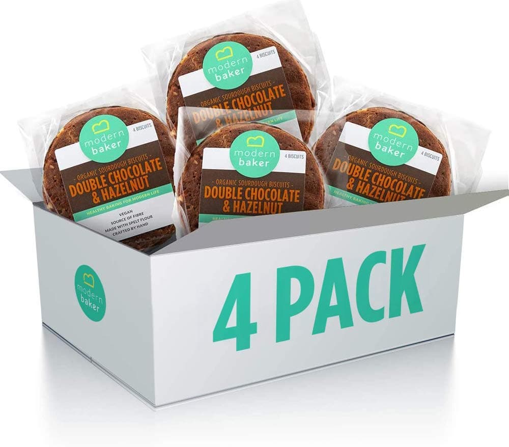 Modern Baker - Double Chocolate & Hazelnut, Organic Sourdough Biscuits Four Pack, Vegan Friendly, Healthy Snack (4 x 200g)