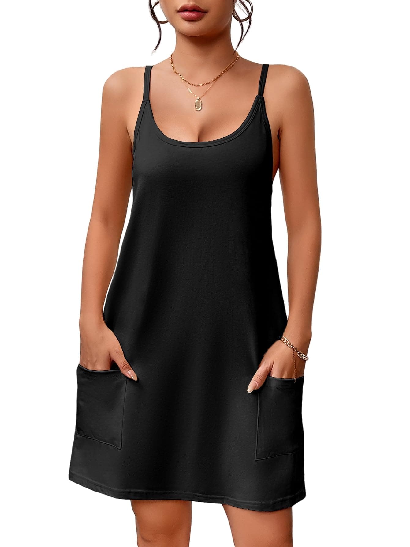 Nightgowns for Women Cotton Sleepwear Sexy Sleep Shirt Adjustable Spaghetti Strap Night Gowns with Pockets S-3XL