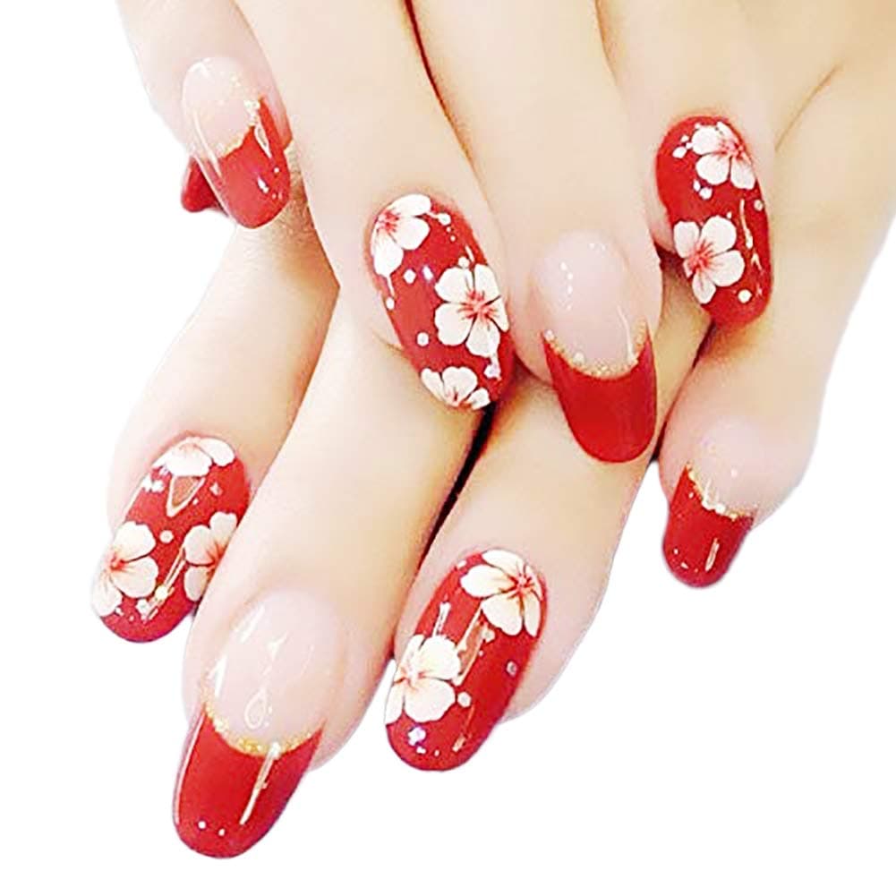 Press on Nails Cherry Blossoms Designs for Women, DiscountOne 24pcs Red Floral Prints Medium Artificial Fake Nail with Glue Kit