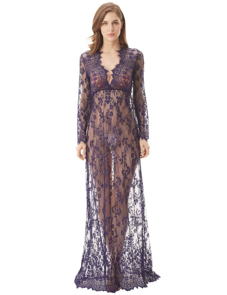 CUNLIN Women Floor Length Deep-V See Through Floral Lace Gown Maxi Maternity Dress for Photo Shoot