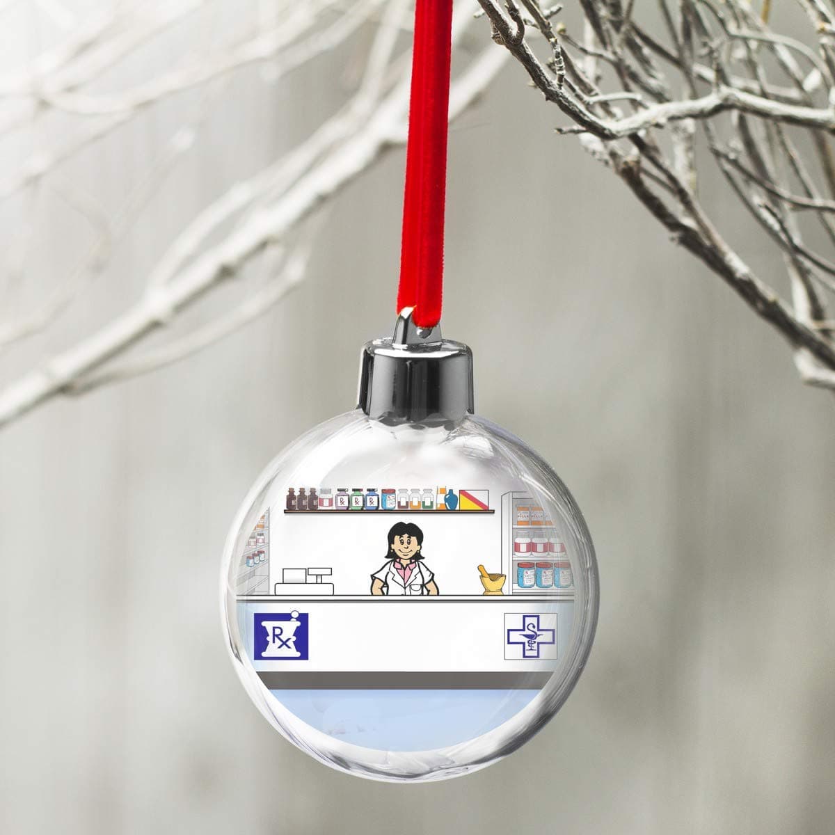 Personalized NTT Cartoon Globe Christmas Ornament: Pharmacist, Pharmacy Technician - Female