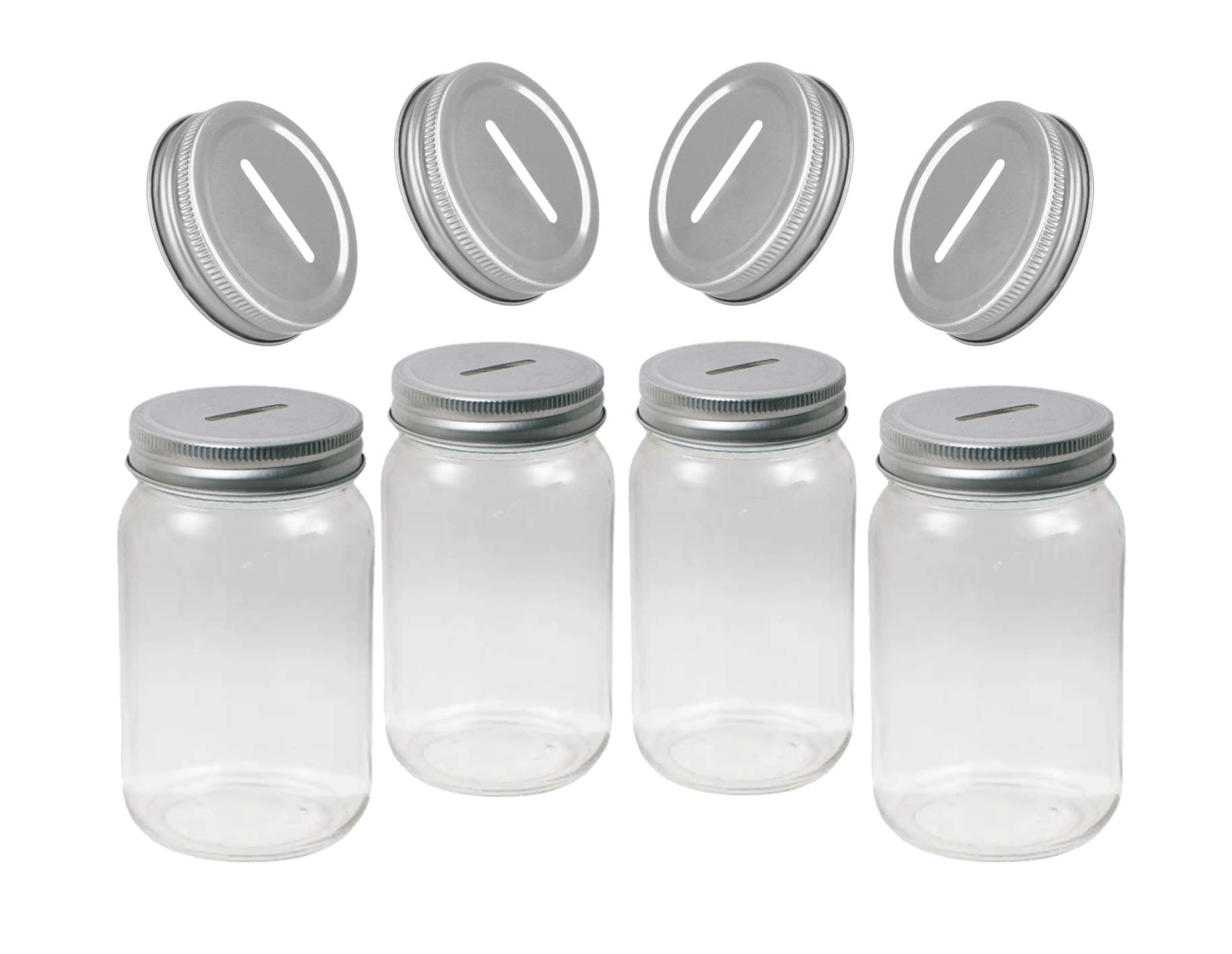 Carca Glass Piggy Deposit Jars Money Savings Bank, for Boys, Girls, Kids, Adults, of Regular Mouth, Smooth Sided Mason Jar with Slotted Lids, for All Ages, Family Fun Pack, 4 Set, 16 & 32 Oz. (Pint)