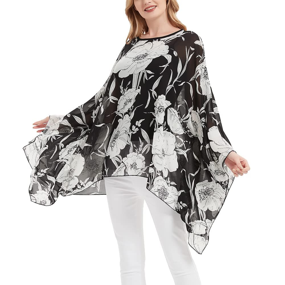 Women's Loose Solid Long Batwing Sheer Chiffon Caftan Wrap Poncho Tunic Top Topper
