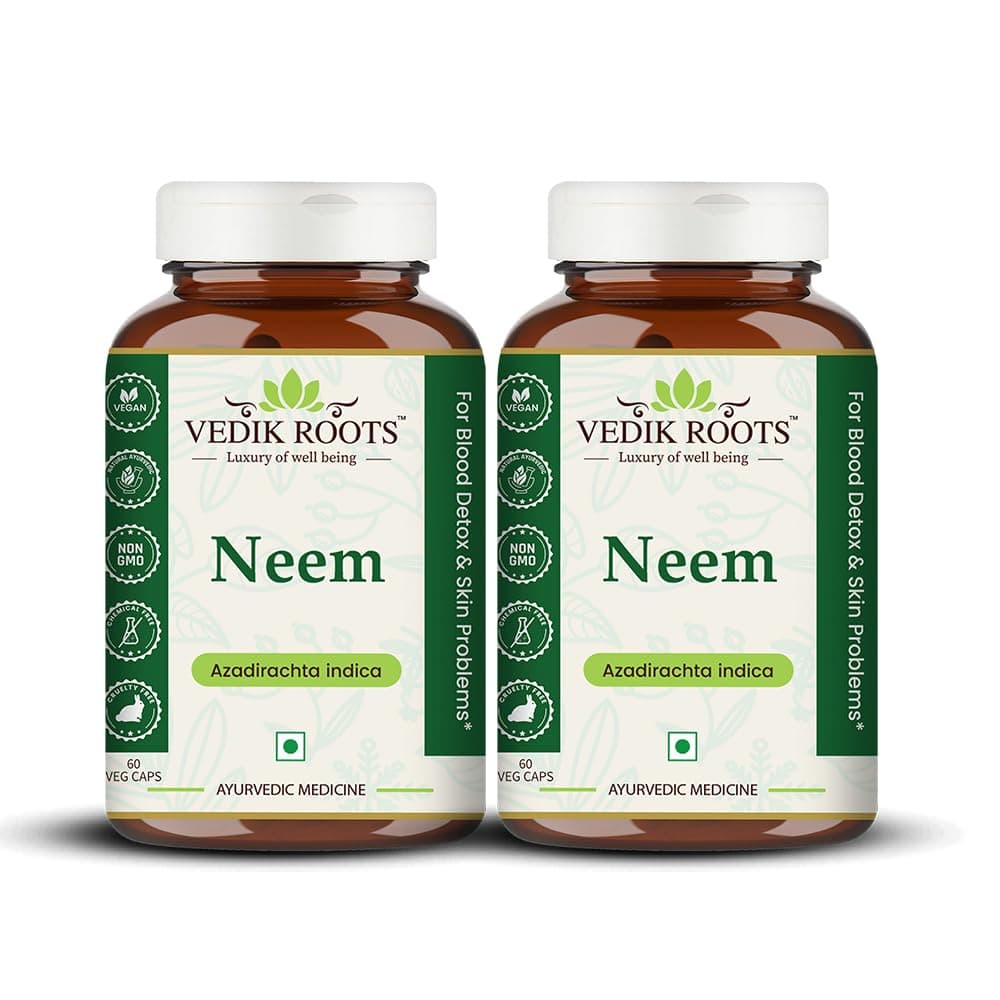 Neem Capsules Ayurvedic || Blood Purifier Anti Acne || Anti Bacterial & Fungal infections || Skin Wellness || Chronic UTI - 60 Veg Capsules (Pack of 2)