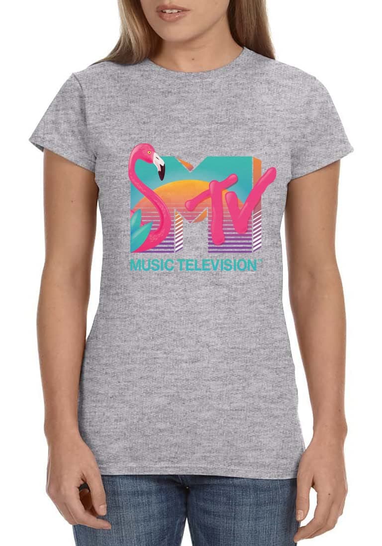 MTV Womens' Music Television Flamingo Vaporwave Vintage Classic Icon '80s Crewneck T-Shirt