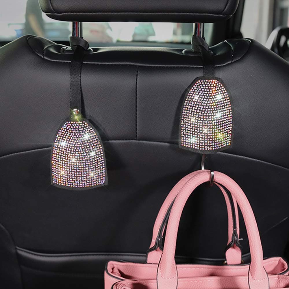 Pinbola 2pcs/Pack Bling Bling Car Back Seat Hidden Hook Headrest Hanger Luster Crystal Diamond Car Decor Accessories for Women Universal Fit