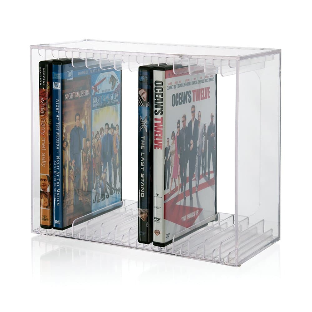 Stackable Clear Plastic DVD Organizer with Rubber Feet | Rectangular Holder Perfect for Theater Room | Holds up to 14 Standard DVD Cases | Made in USA