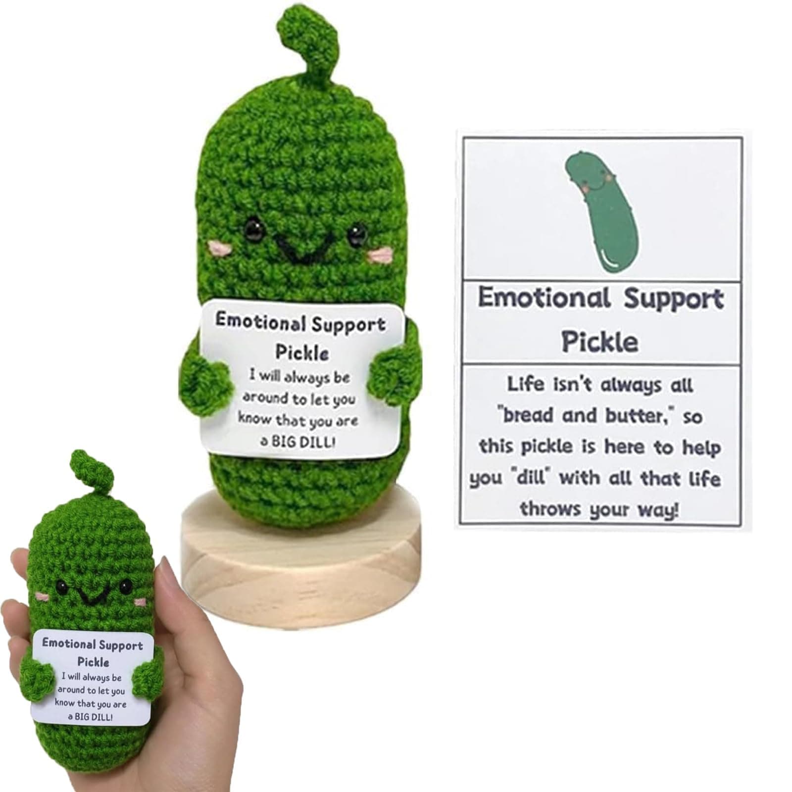 TERRIFI Emotional Support Pickle Doll, Cute Crochet Cucumber Knitting Toy, Funny Reduce Pressure Gift, with Positive Cards, Unisex, Green, 4.3 Inches