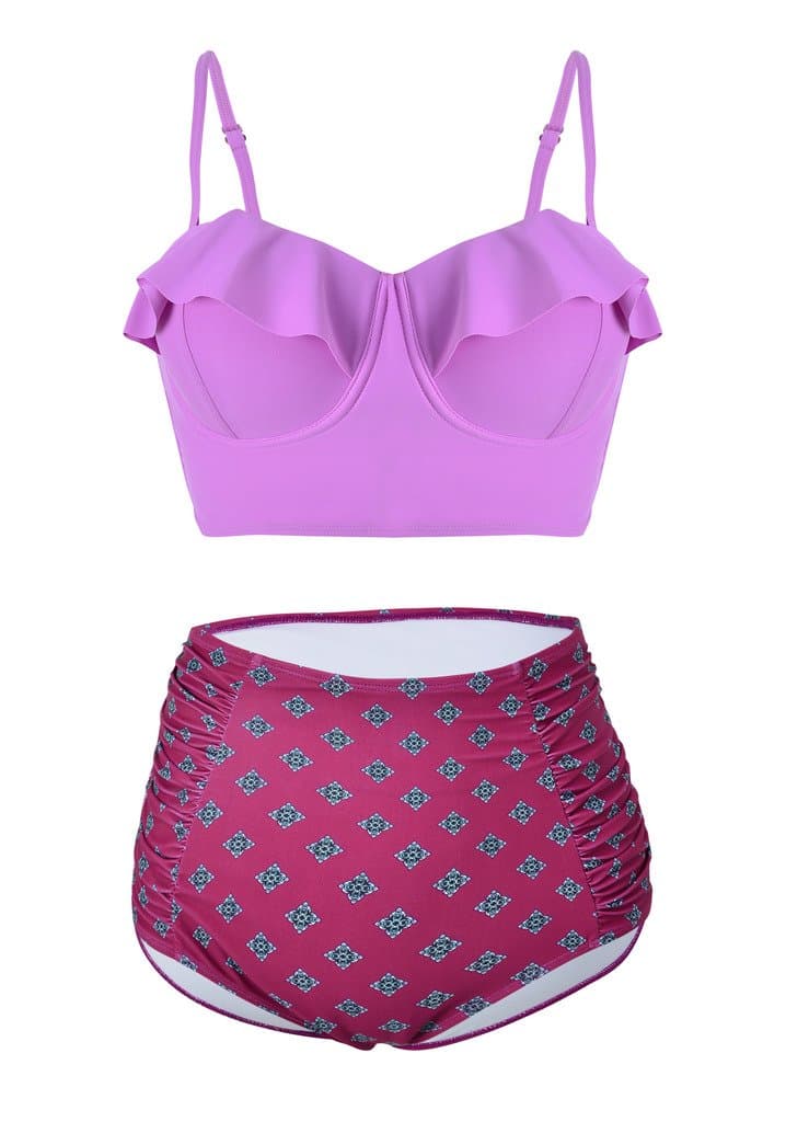 Kiddom Floral Ruffle Adorable Slim High Waisted Bathing Suit Beach Wear Bikini Set