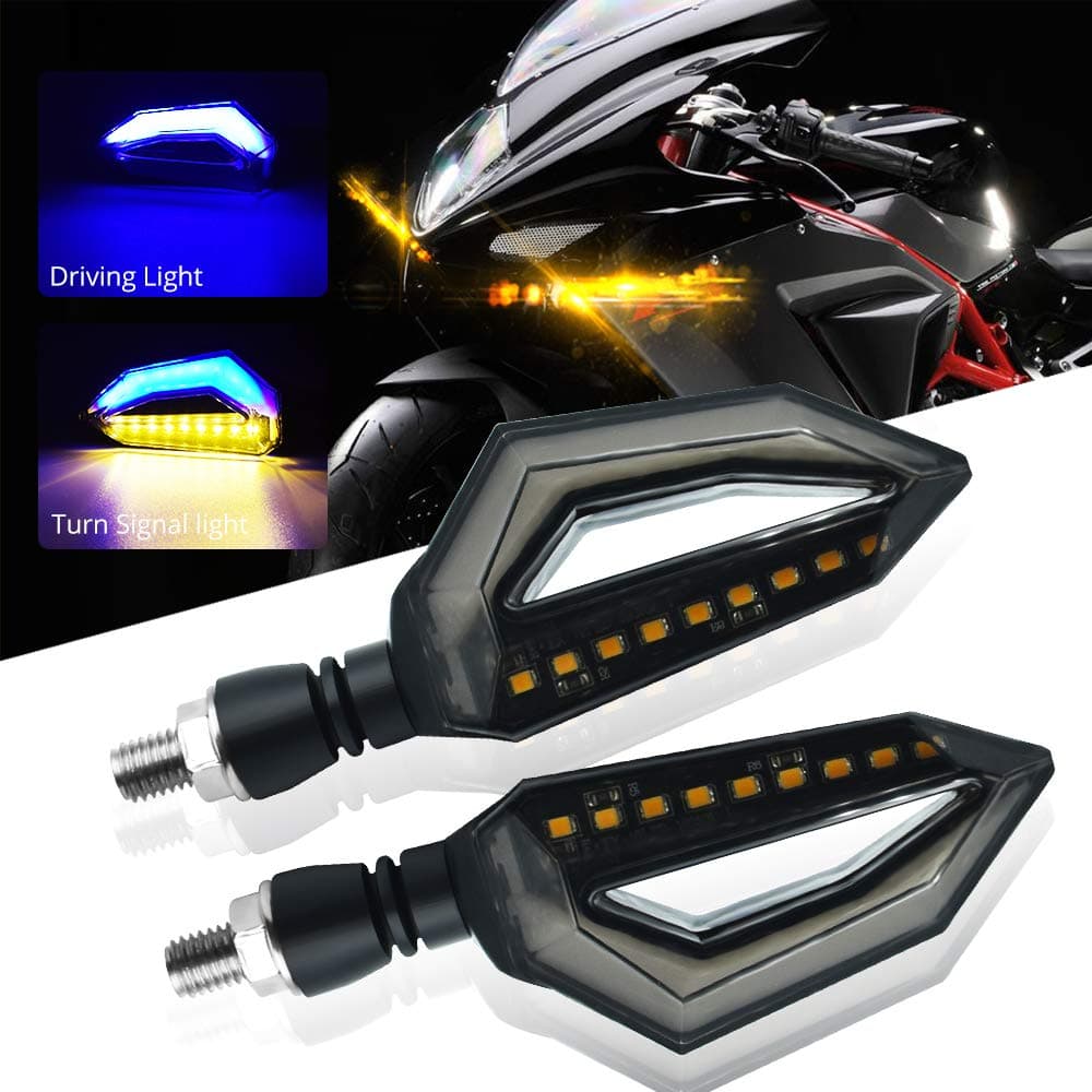 Motorcycle Turn Signal LED Lights 18 SMD LEDs Amber Bilnker & Blue DRL Brake LED Motorbike Indicator Waterproof for Yamaha Suzuki Kawasaki.2-Pack.(Blue/Amber)