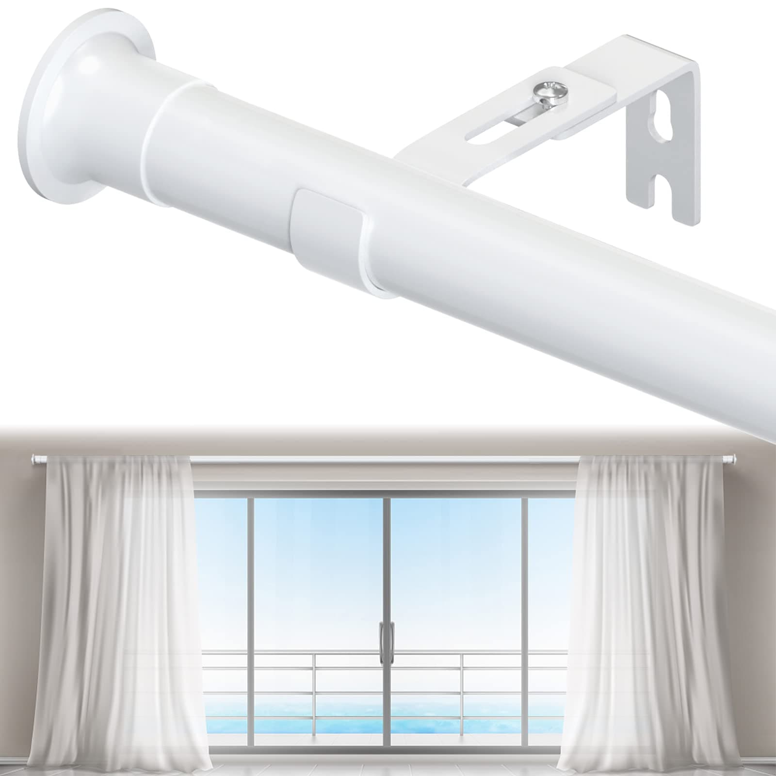 Extra Long Curtain Rods 120-inch to 170-inch/200-inch, Heavy Duty 1 1/8" Curtain Rods for Windows Easy Install, Adjustable Metal Thick Drapery Rods Simple End Cap Finials, White