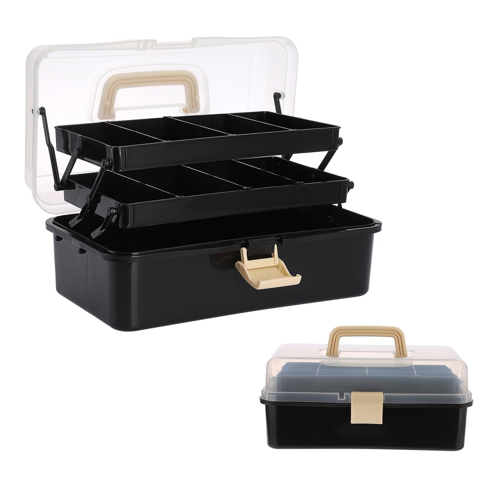 BTSKY 3-Layer Plastic Dividing Storage Box Craft Organizer with Adjustable Spacers Portable Handled Art Supply Organizer Multipurpose Home Utility Box for Sewing (Black+Beige)