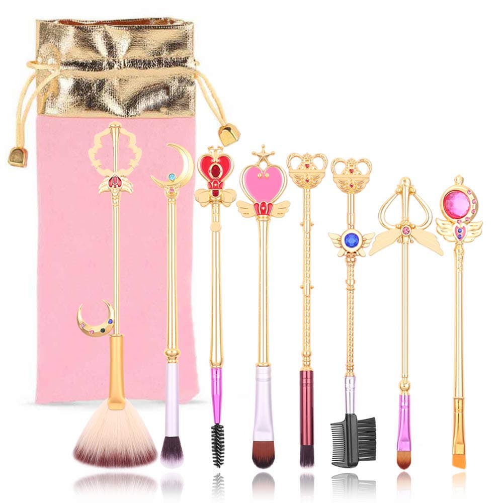 8 Pcs Kawaii Makeup Brush Set with Cute Pink Pouch, Cardcaptor Sakura Cosmetic Makeup Tool Sets & Kits for Daily Use and Valentine's Day/Thanksgiving/Birthday Gift - A