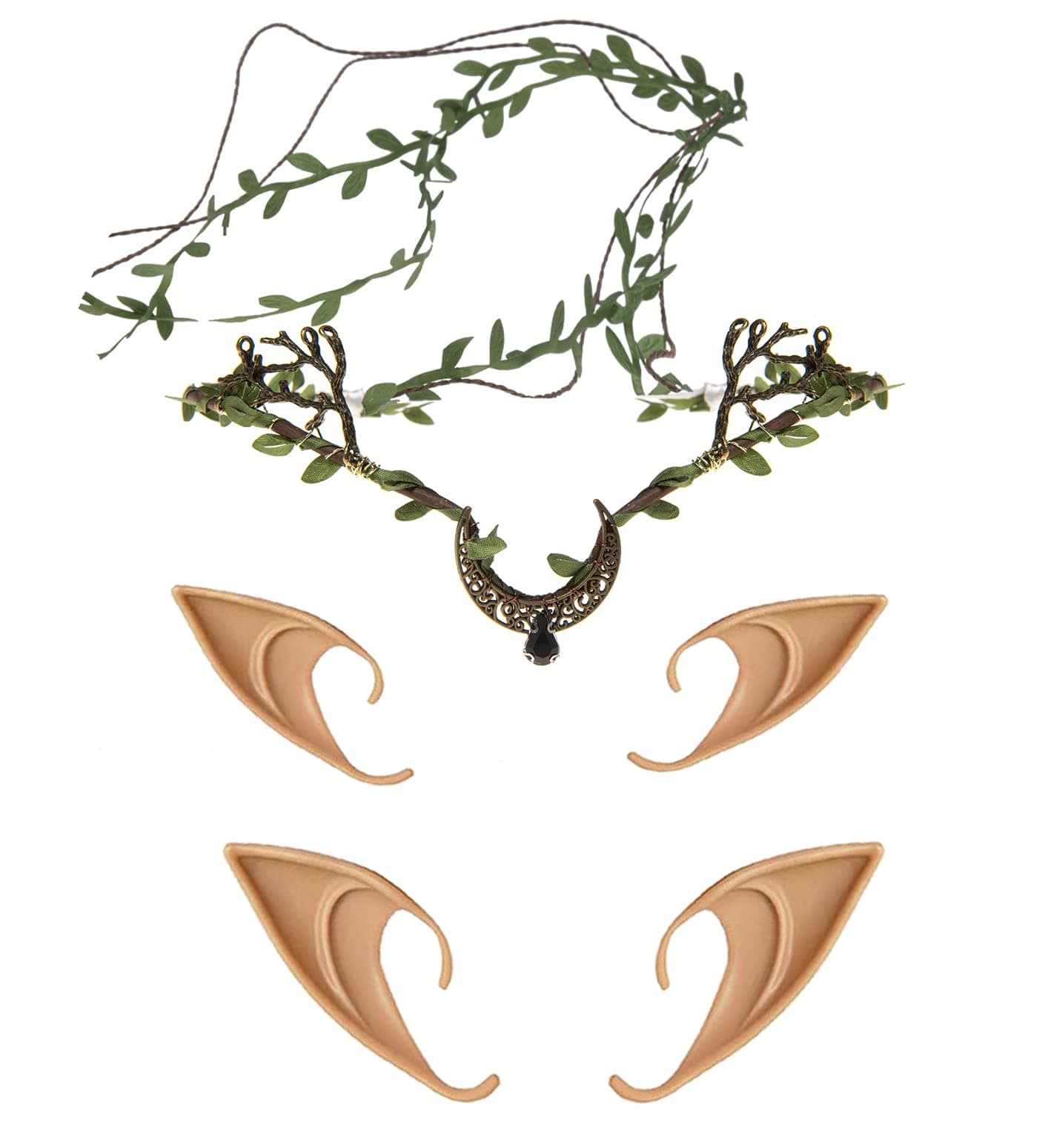 MerroyalMoon Vintage Crystal Headpieces Leaf Rattan Crown Hair Acessories with 2 Pairs Latex Elf Ear for Women Girls