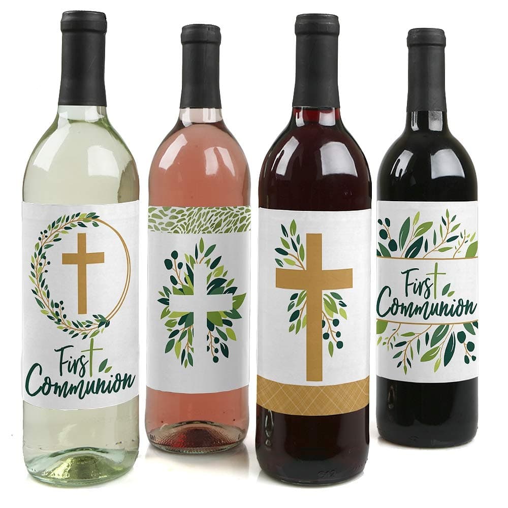 Big Dot of Happiness First Communion Elegant Cross - Religious Party Decorations for Women and Men - Wine Bottle Label Stickers - Set 4